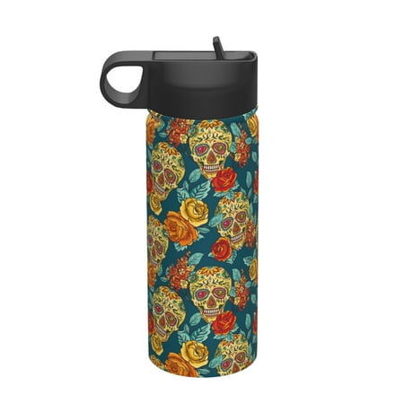 

Uemuo Skull And Flowers Print 18oz Sports Insulated Kettle Water Bottle Outdoor Sports Bottle Insulated Hydration Bottle with Handle & Flip Straw