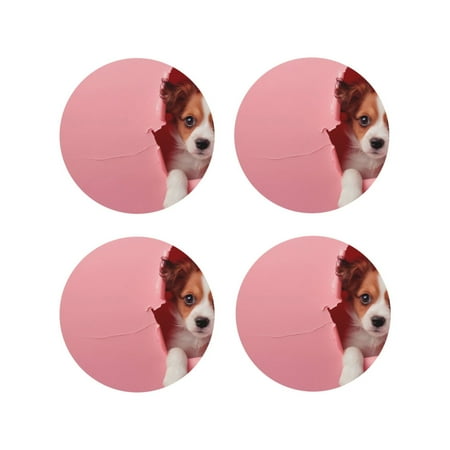

Tebeau Puppy Peeking Through Pink Print Set of 4 Leather Drink Coasters Round Cup Mat Pad for Home and Kitchen Use 4 -Round Shape
