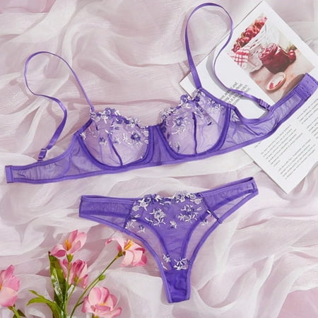 Early Bird Deal: Black Lingerie for Women  Lencería Negra para Mujer  Fashion Women Sexy Lingerie Corset Lace Floral Bralette Bra Two Piece Underwear Tops+Briefs Suit SOPATENOR Purple L