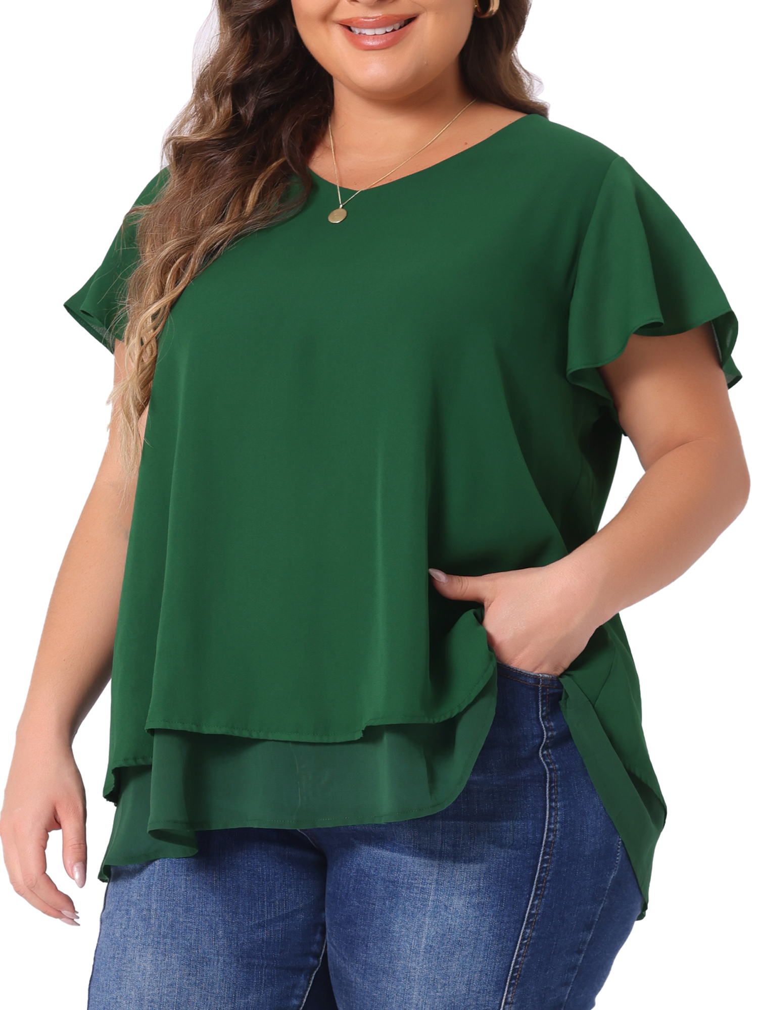 Unique Bargains Women's Plus Size Ruffle Short Sleeve V Neck Chiffon Blouse 1X Green