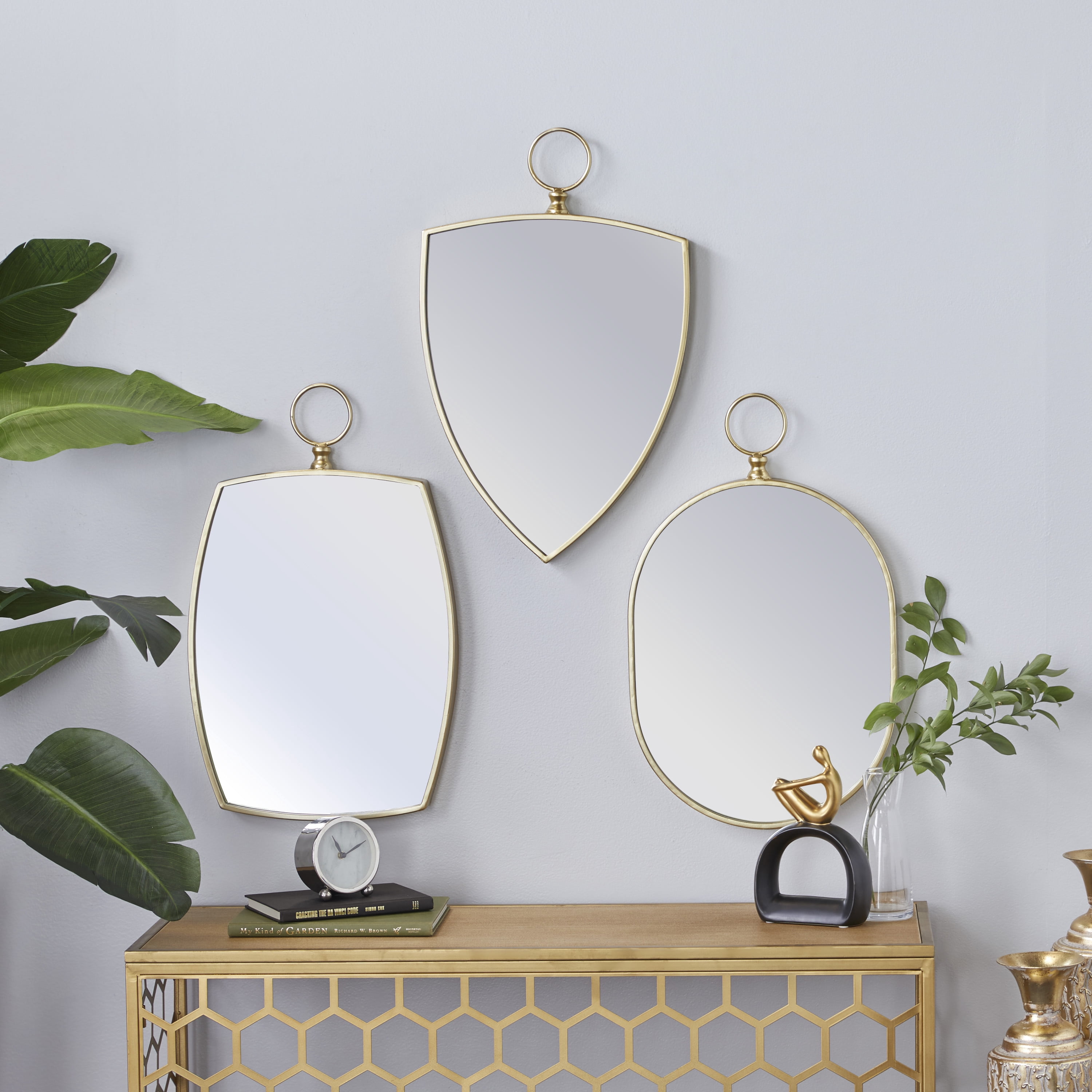 DecMode 15"W, 24"H Oval Wall Mirror, Gold, Set of 3