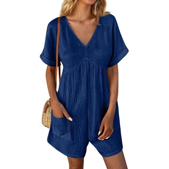 MORTTIC Women's Casual Summer Romper Short Sleeve V-Neck Jumpsuit with Pockets for Comfortable Everyday Wear, S
