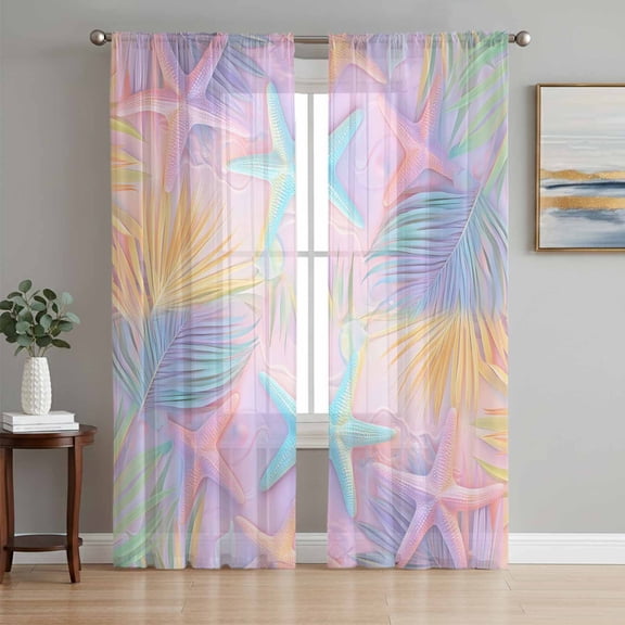 Summer Pink Romantic Beach Sheer Curtains 96 Inch Length 2 Panels Set, Tropical Leaf Ocean Starfish Voile Window Treatment Semi Sheer Long Curtains Drapes for Bedroom/Living Room/Kitchen 52"x96"x2