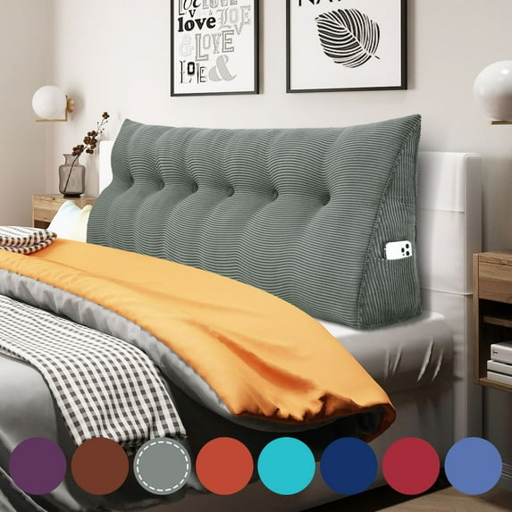 WOWMAX Large Reading Pillow, Triangular Bed Wedge Pillows, Ergonomic Back Supprot Pillow for Sitting in Bed, Upholstered Headboard for Bed & Bed Rest With Removable Cover Corduroy Grey 71Inches
