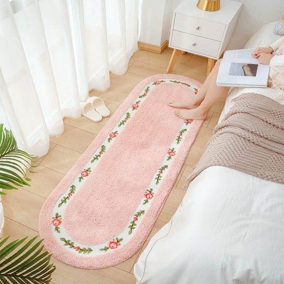 ShellKingdom Beautiful Floral Area Rugs for Living Room Bedroom, Soft Bathroom Rugs Mat Non Slip Door Mat Floor Mat for Home Kitchen 17.72 X 49.21 INCH, Pink (Ellipse)