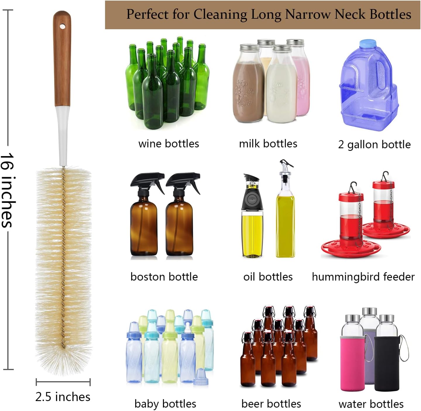 8-Pack Bottle Cleaning Brush Set - Long Bottle Cleaner for Washing Beer/Wine Narrow Neck Bottles, Hummingbird Feeder, Sport Well, Plus Kettle Cleaner, Straw Brush