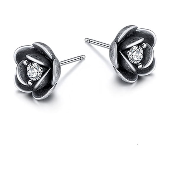 Rose Stud Earrings for Women Cubic Zirconia Oxidized Sterling Silver Ginger Lyne Collection
