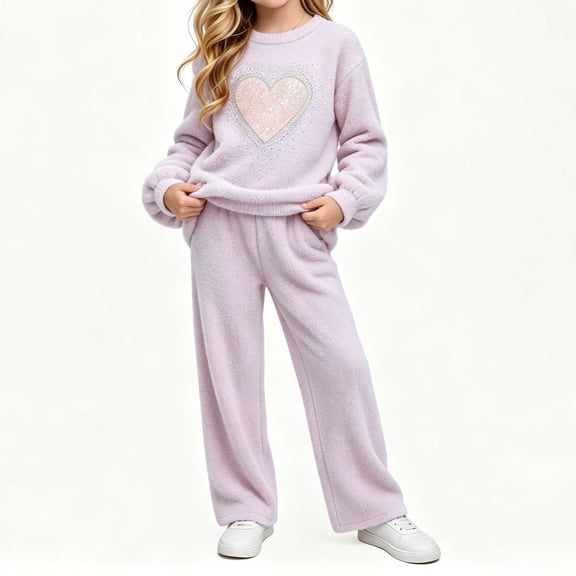 Maqroz Girls Two Piece Sweatsuits Sparkly Heart Graphic Pullover Sweaters Wide Leg Pants Matching Outfits Cozy Lounge Tracksuits for Winter Lounging Size 5-13 Years
