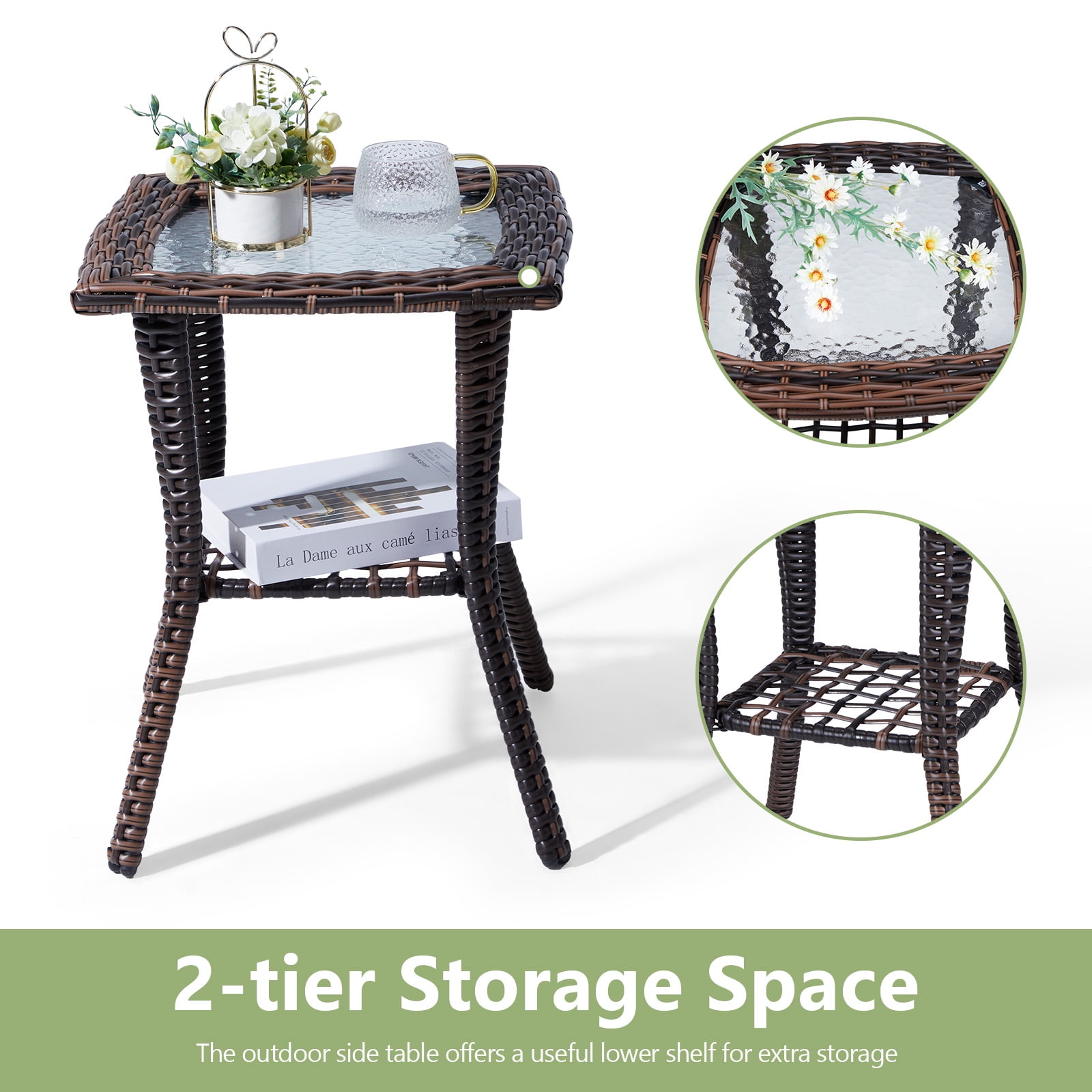 JOYMOR Outdoor Side Table with Storage Wicker, Patio Side Table with Tempered Glass Top End Table for Balcony Porch Deck