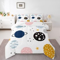 Homewish Outer Space Full Size Comforter Sets for Kids, Cartoon Planet Bedding Comforter Set, Kawaii Stars Print Reversible Bedding Sets, Lightweight Room Decor, 3 Pieces