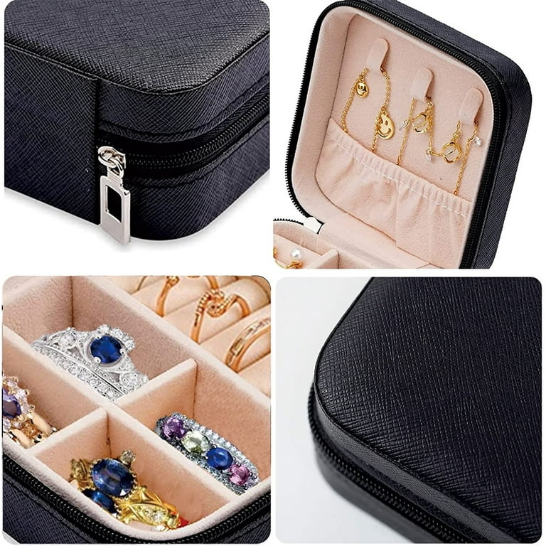 Casewin Small Travel Jewelry Box, PU Leather Portable Travel Jewelry Case,  2 Layers Jewelry Organizer Jewelry Display Storage Box for Rings, Earrings,  Necklaces, Bracelets(Black) 