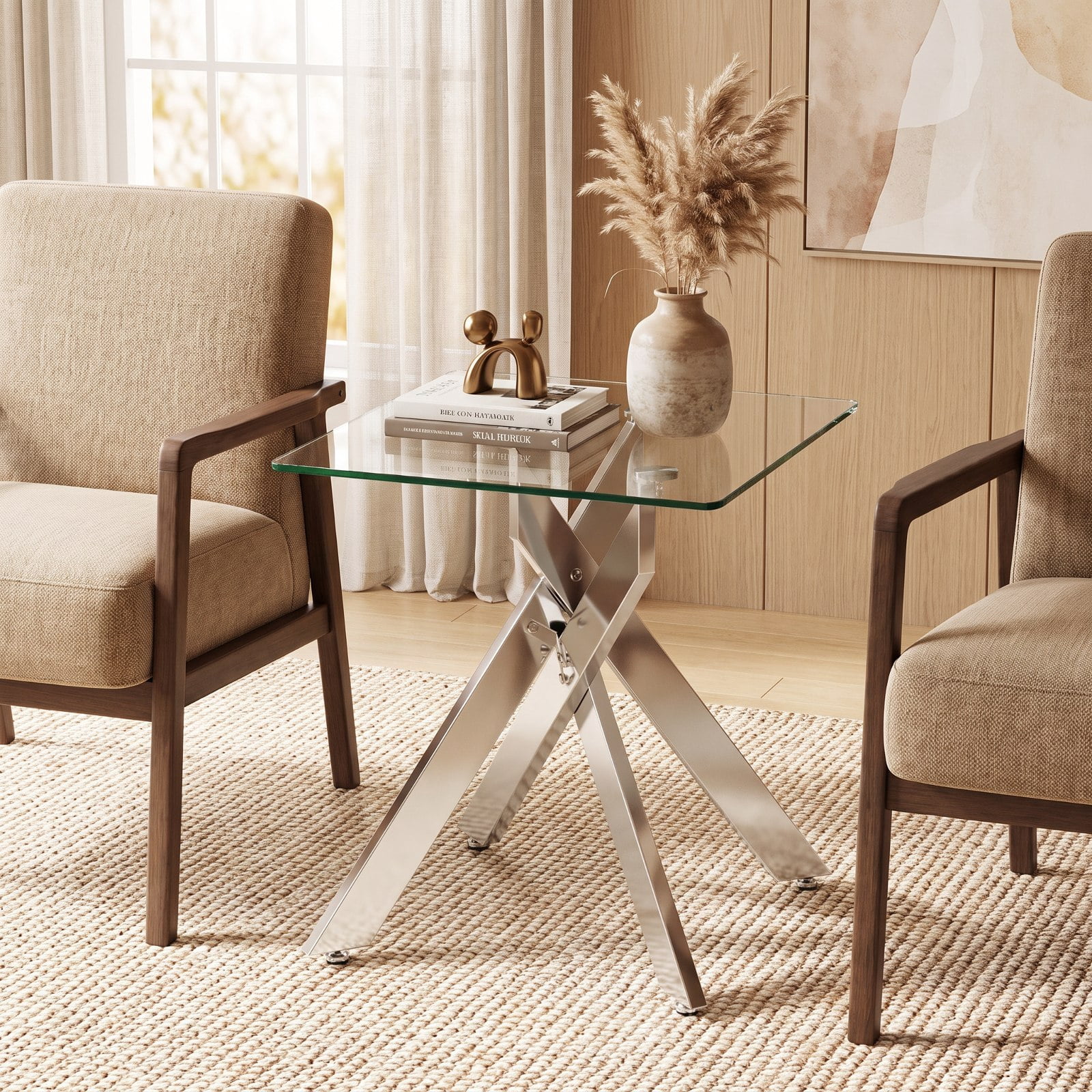 Furnibear Glass Side Table Square End Table with Tempered Glass Top and Metal X Base for Living Room Bedroom and Sofa Side, Silver