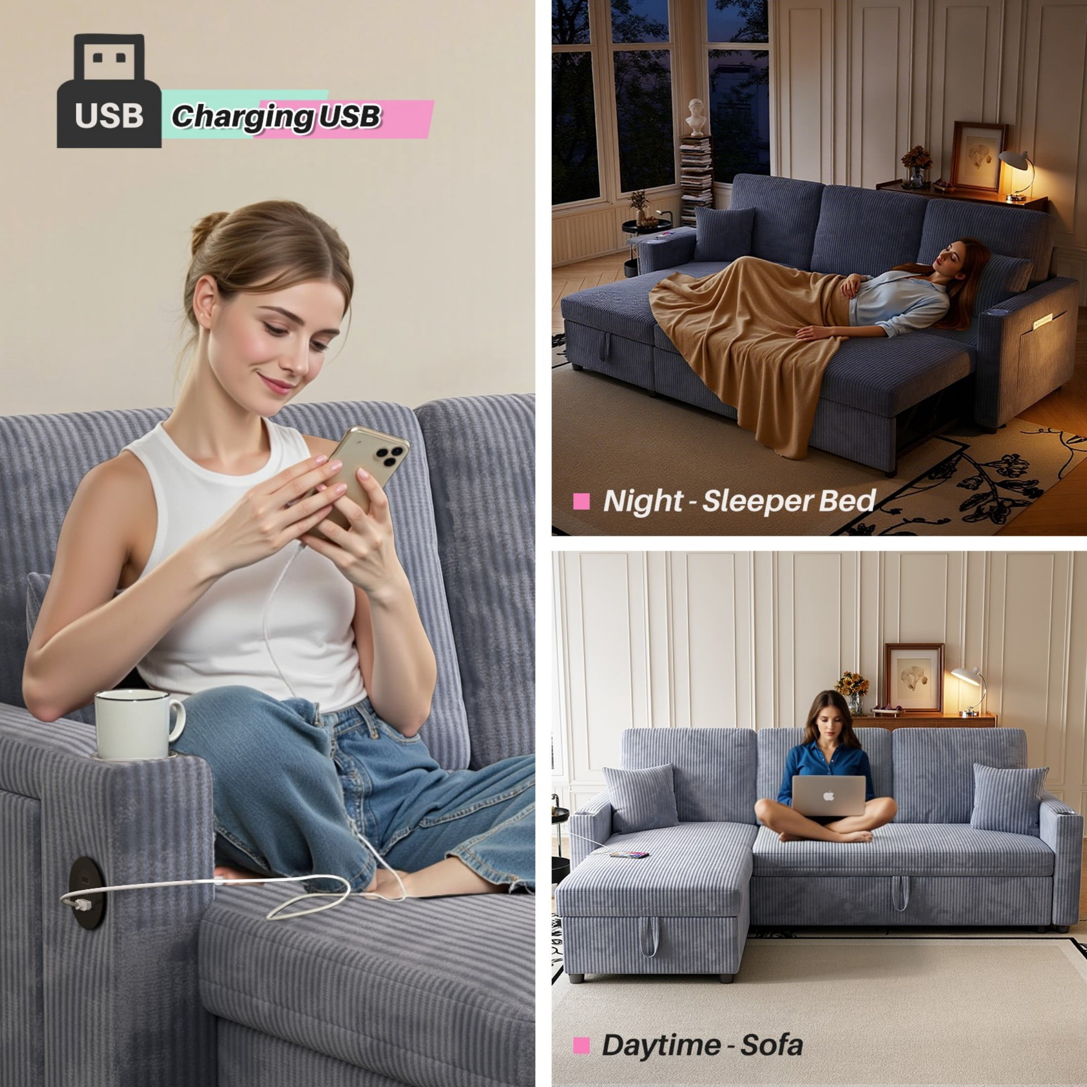 Sleeper Sectional Sofa, 83" Convertible Sofa Bed with Pull Out Couches, Small Desktop, L Shaped Couch with Reversible Chaise, Cup Holders, USB, Modern Corduroy Sofas for Living Room Apartment, Grey