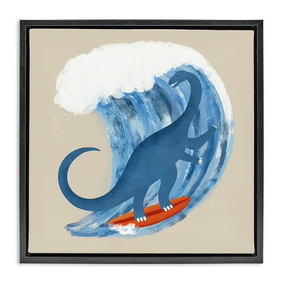 Stupell Industries Surfing Dino Brontosaurus Novelty & Humor Painting Black Floater Framed Canvas Art Print Wall Art, 18 x 18