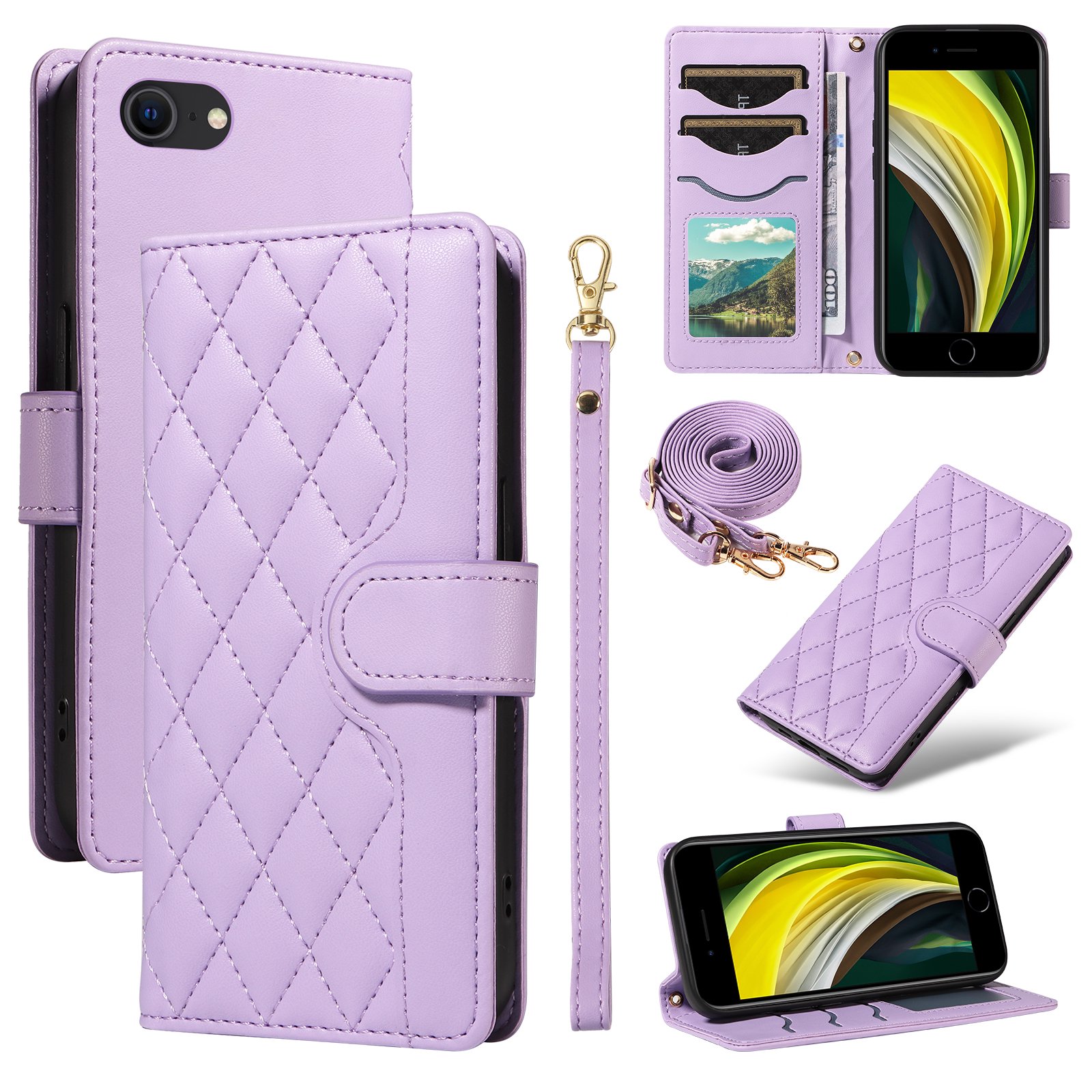 Crossbody Wallet Case for iPhone 7 / iPhone 8 / iPhone SE 2022 & 2020, Credit Card Slots Elegant PU Leather Magnetic Closure Shoulder Strap Purse Phone Case Flip Stand Full Protection Cover, Purple