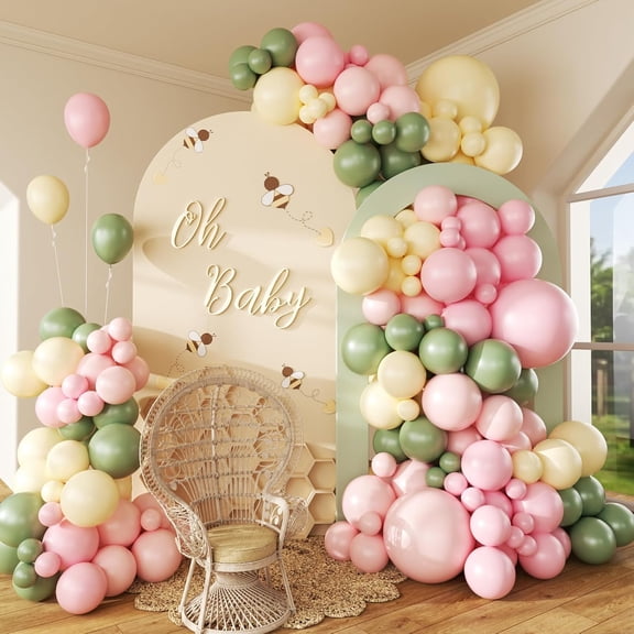 146pcs Pink and Yellow Balloon Garland Arch Kit, Pastel Pink Light Pink Yellow Sage Green Latex Balloons for Bear Themed Birthday Wedding Baby Shower Party Decorations