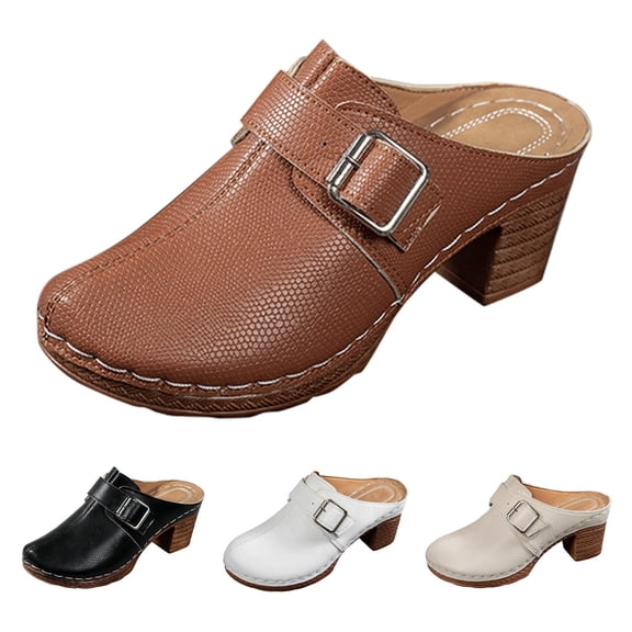 Women's Leather Mule Clogs with Buckle, Closed toe Block Heel Slip-on Shoes, Comfortable Retro Platform Sandals for Casual Daily Wear Brown 41