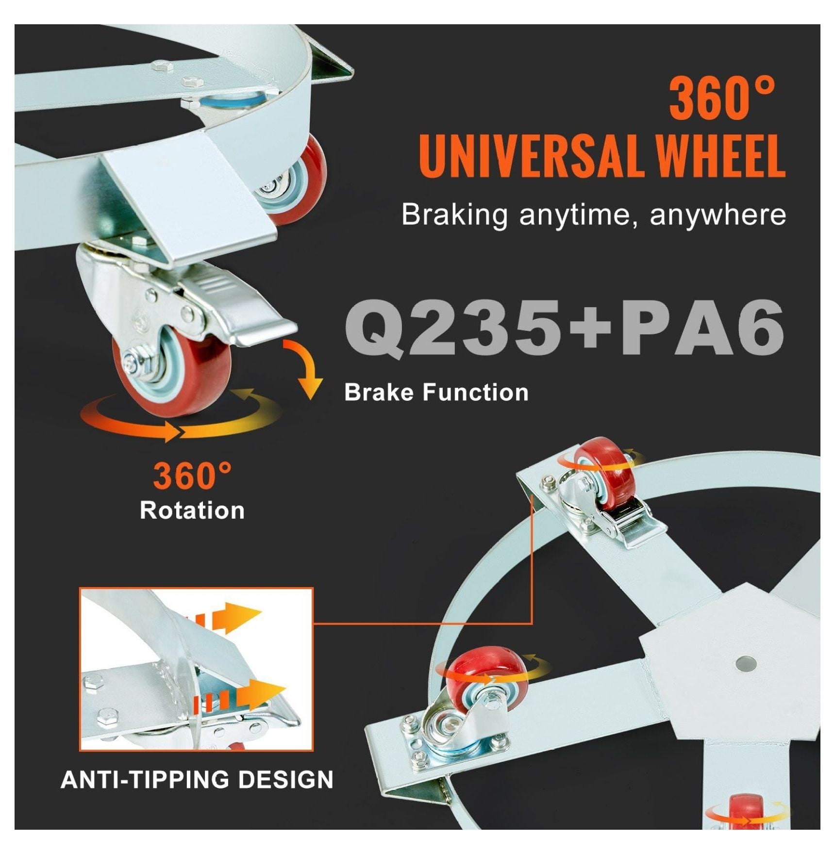 55 Gallon Drum Dolly - 1250lbs Capacity - Heavy Duty Steel Barrel Dolly Cart - Hand Truck with 5 Swivel Casters - Warehouse Drum Handling