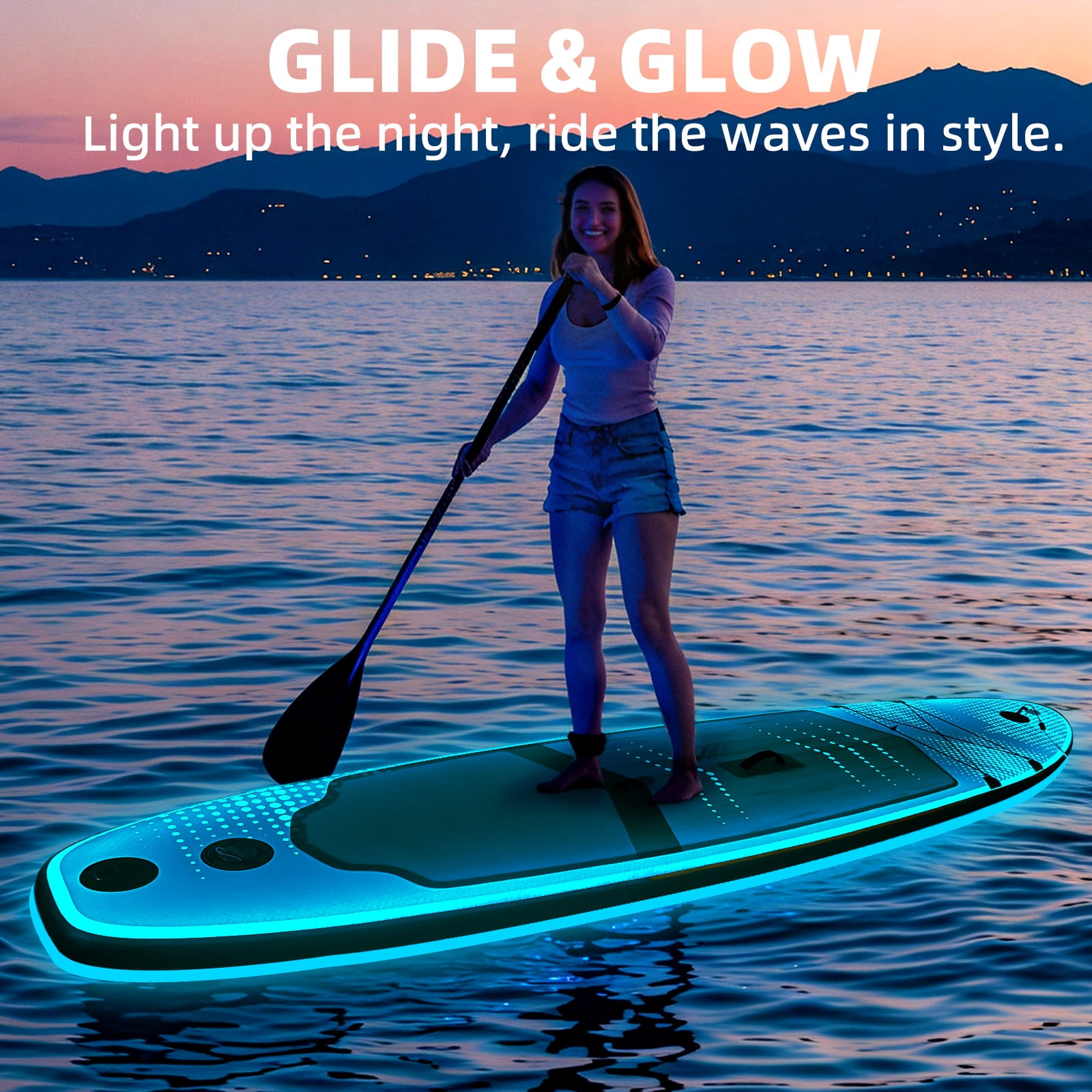 Bezliving 10.6"  LED Inflatable Paddle Board, 7-Color Lighting, Wide Stable Design, Non-Slip Deck, Durable PVC Material for Youth & Adults
