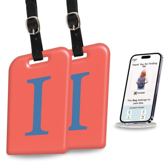 tag8 2 Pack Luggage Tags for Suitcases, 26 Initial Letter Travel Luggage Identification Labels ID Tag with Global Loss Recovery Service | Airline Compliant | SITA World Tracer Code Enabled (I)