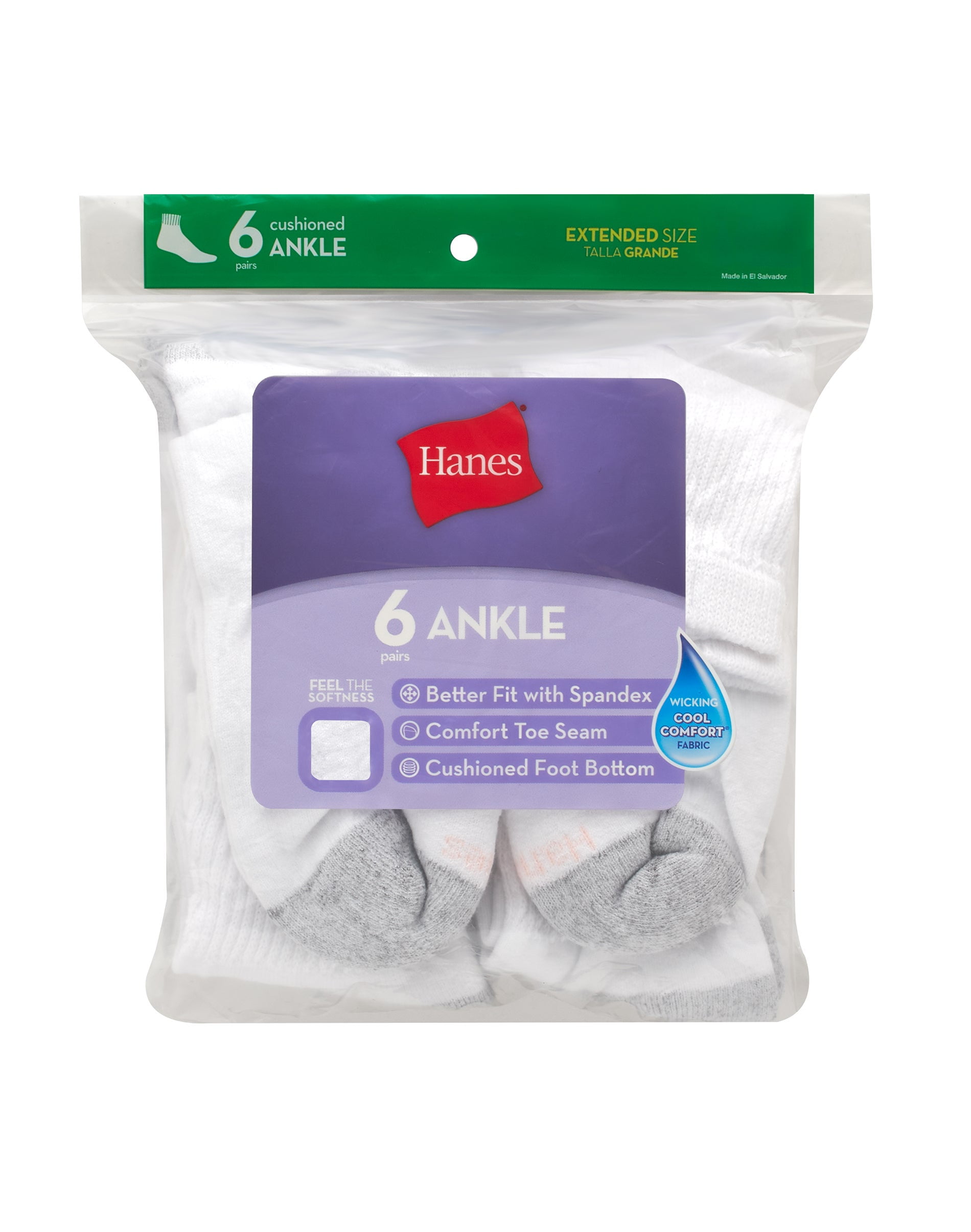 Hanes 6-Pack Women's Ankle Socks Cushioned  Cool Comfort  White Grey Shoe sz 8-12