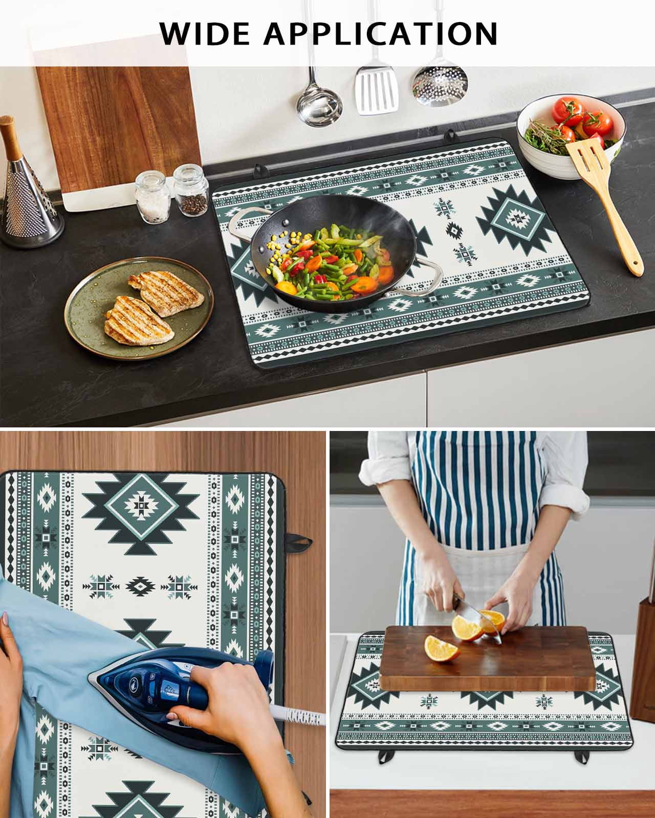 nqOlkjepod Large Induction Cooktop Protector Mat 36"x21", Green Boho Stove Top Covers for Electric Stove, Ethnic Tribal Aztec Abstract Geometric Motifs Stove Burner Cover Mats, Glass Top Stove Cover
