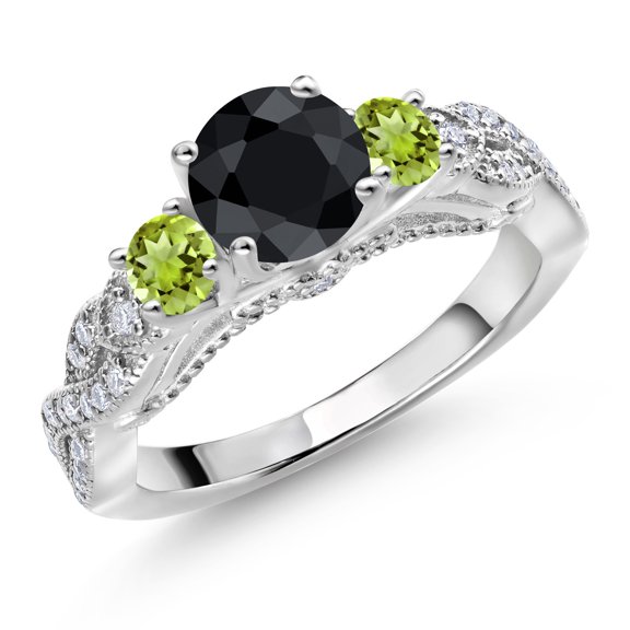 Gem Stone King 925 Sterling Silver Black Sapphire Green Peridot and White Moissanite Engagement Ring for Women (1.66 Cttw, Gemstone September Birthstone, Round 6MM and 3MM, Size 6)