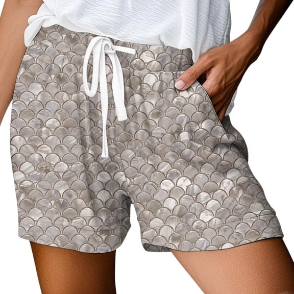 Arlun Womens Trendy 3D Fish Scale Printing Beach Shorts 2026 Fashion Vacation Outfit Ladies Drawstring Waisted Soft Comfortable Loose Wide Leg Casual Shorts 7-Khaki XL