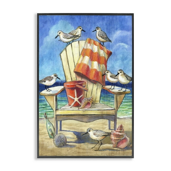 Stupell Industries Summer Beach Chair Seagulls Nautical & Beach Painting Black Framed Art Print Wall Art, 12 x 18