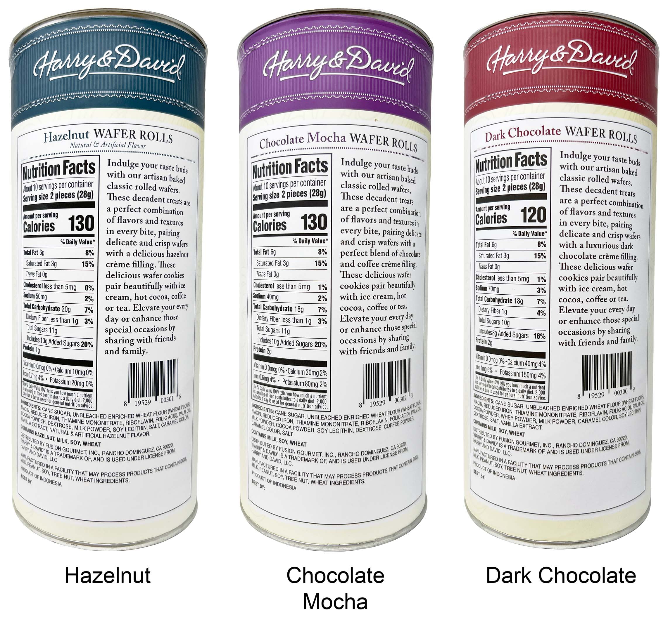 Harry & David Rolled Wafer Cookies - 3 flavors - 1 each: Hazelnut, Chocolate Mocha, Dark Chocolate (10 oz) + MerlinsMart Zine