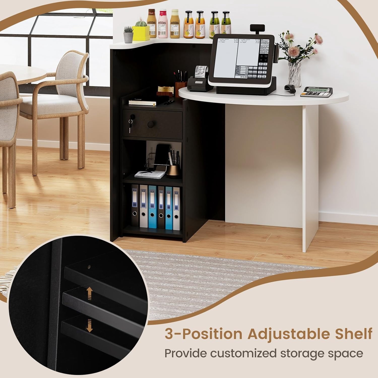 Reception Desk, Small Retail Checkout Counter with Lockable Drawer and Open Shelves, Wooden Front Desk Reception Counter, Oval Desktop & L Counter for Store Office Lobby Salon (White & Black)