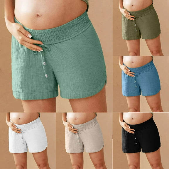 ZZwxWA Women's Double Layered Pleats Maternity Shorts Underbelly Drawstring Elastic Waist Retro Cotton Shorts with Pocket Solid Color