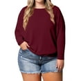 thumbnail image 3 of Women'S Long Sleeve Round Neck Soft Basic Batwing Sleeve Knitted Loose Pullover Autumn Fashion Clothing Wine Red XXXL, 3 of 7