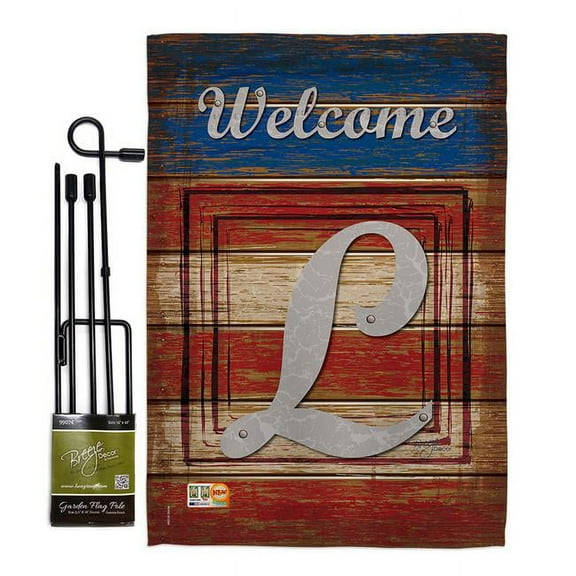 Breeze Decor BD-PA-GS-130116-IP-BO-D-US14-BD 13 x 18.5 in. Patriotic L Initial Americana Impressions Decorative Vertical Double Sided Garden Flag Set with Banner Pole