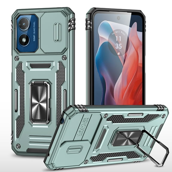 Rugged Case for Motorola Moto G Play 4G 2024, Sliding Lens Camera Cover Protection Ring Stand Compatible with Magnetic Car Mount Military Grade Shockproof Hybrid Case for Moto G Play 4G 2024,Darkgreen