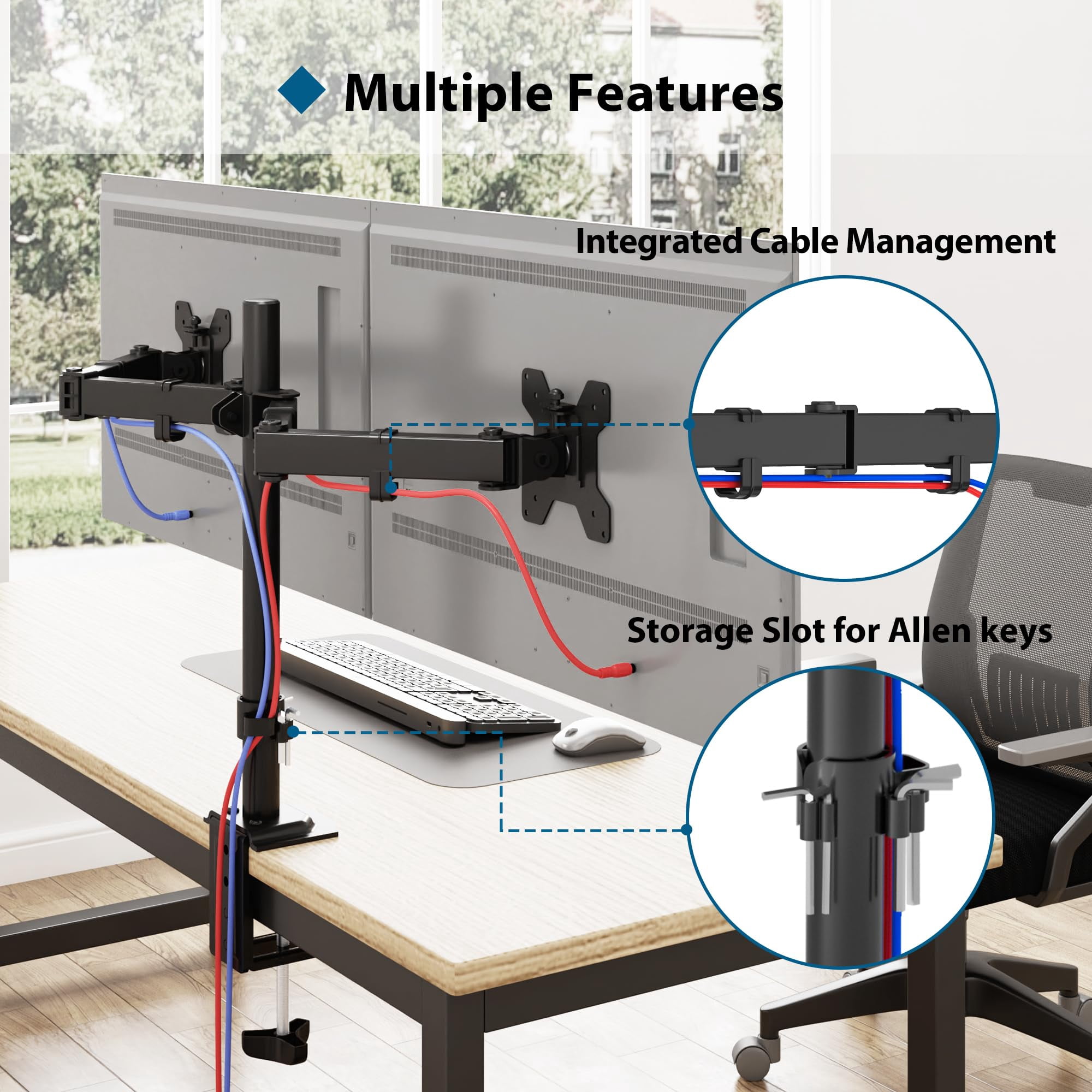 BONTEC Dual Monitor Desk Mount, Full Motion Adjustable Monitor Stand for 13–27 Inch Screens, Heavy Duty Arms Hold Up to 22 lbs Each, VESA 75x75/100x100 mm, C Clamp and Grommet Base, Cable Management