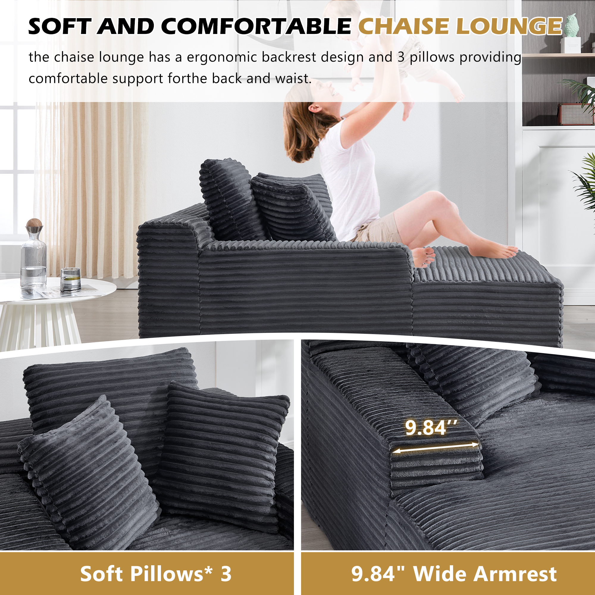Leumius 67'' Oversized Chaise Lounge Chair Indoor,Cloud Plush Velvet Upholstered Deep Seat Sofa Bed with Back Cushion & Pillows,Cozy Sleeper Sofa Couch for Living Room, No Assembly Required,Dark Gray
