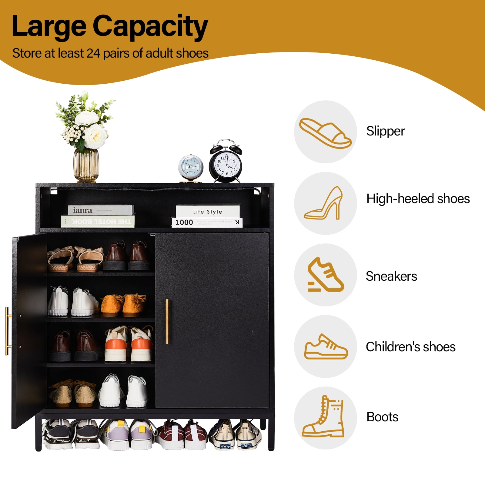 Dual Function Shoe Storage Cabinet with 6-Layer Adjustable Shelves LED Sensor Light Double Door High Foot Black Particle Board Home Organizer