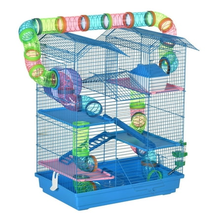 SAZYY 5 Tiers Hamster Cage, Extra Large Small Animal House with Wheels, Tubes, Water Bottle & Ladder - Blue