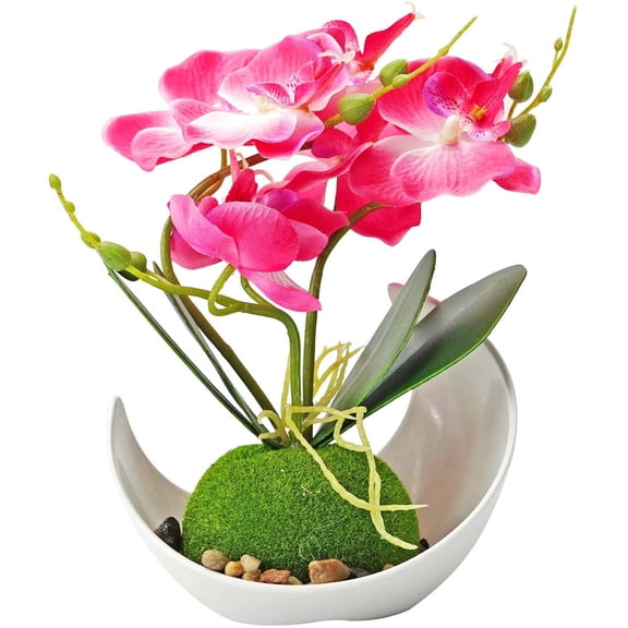 Artificial Pink Phalaenopsis Orchid Flower Arrangement in Sallow white Vase. Made with Lifelike silk and real looking Plastic Stems. Makes a great Decoration for Home, Office, or Wedding. (2 Pack)