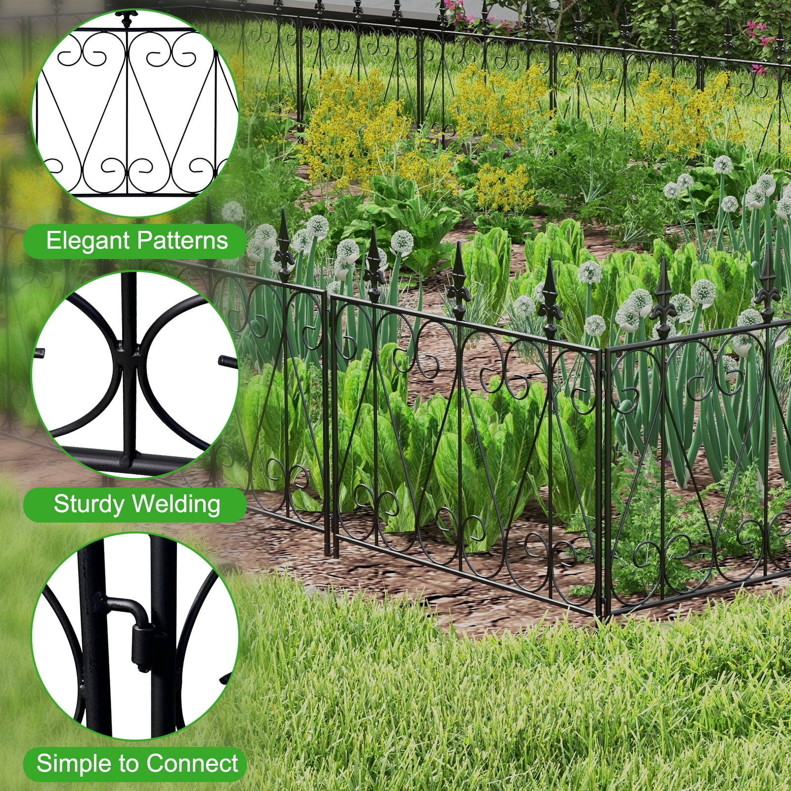 Kinbor 5 Panels Decorative Garden Fence Border Metal Garden Fencing Animal Barrier for Dogs Flower Edging for Yard, Black