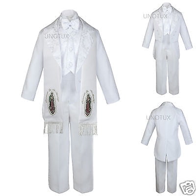 6pc Baby Toddler Kid Boy Baptism Christening Formal Tuxedo Suit Stole White S-7