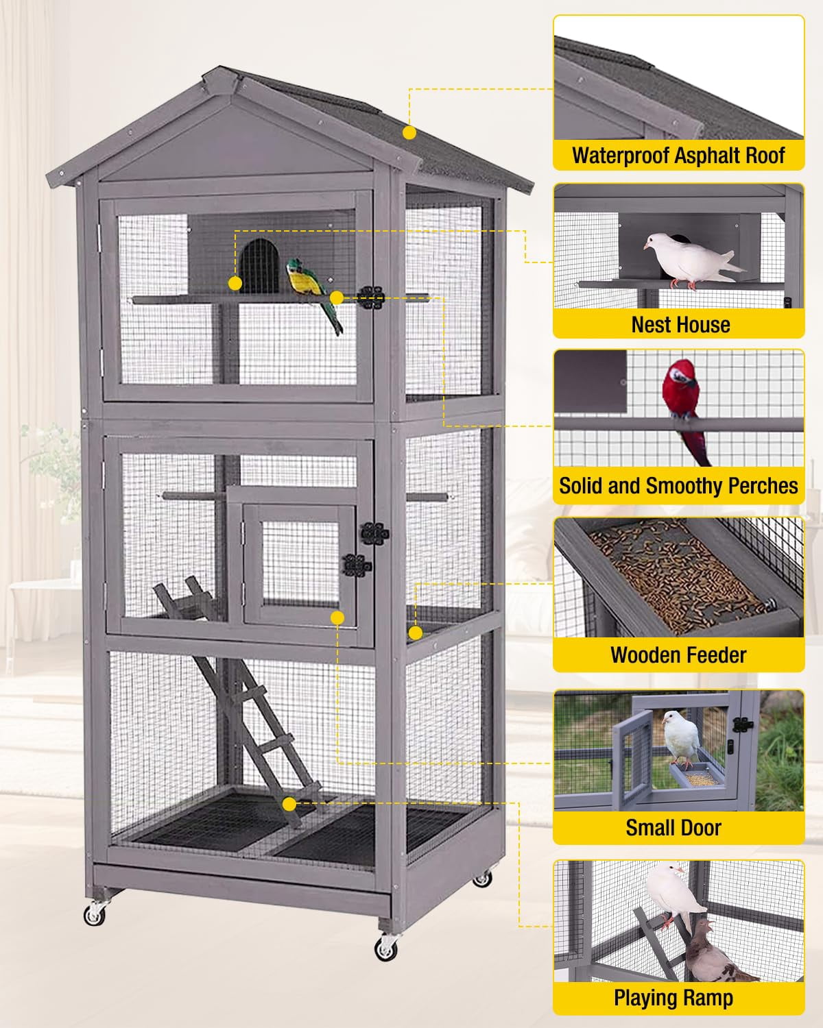 Aivituvin Wooden Large Bird Cage with Wheels – Mobile Outdoor Aviary with Play Stand, Perches & Nest, Easy-Clean Mesh Design