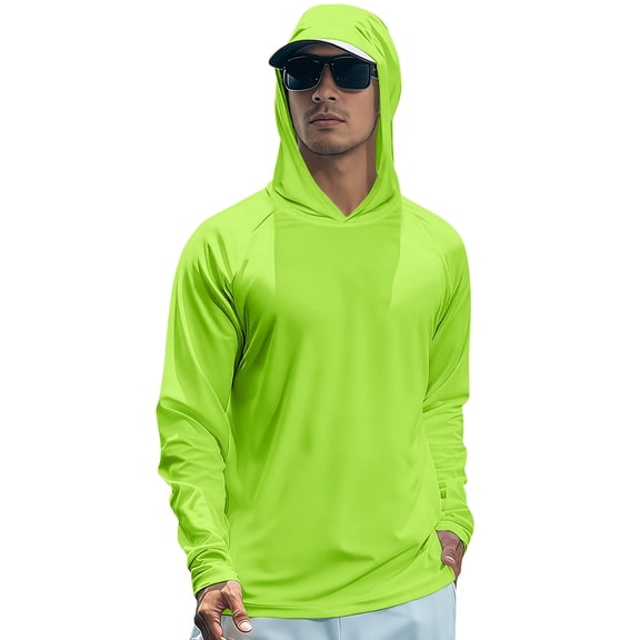 Domuza Men's Hooded UPF 50 Sun Protection T Shirts Long Sleeve Athletic Fishing Shirts Rash Guards Fluorescent Green 2XL