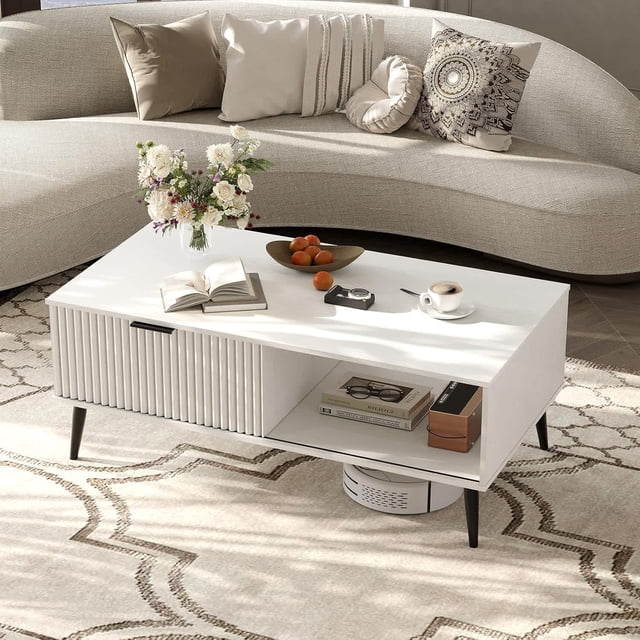 Blanca 2 - tier de madera coffee mesa con sliding door y solid wood legs: a grande rectangle moderno cocktail mesa para sala de estar, home y oficina in mid - century style
