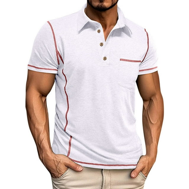 Men's Spring Short Sleeve Solid Color Letter Stripe Shirt - Pocket Design, Soft Fabric, Suitable for Casual, Work & Vacation