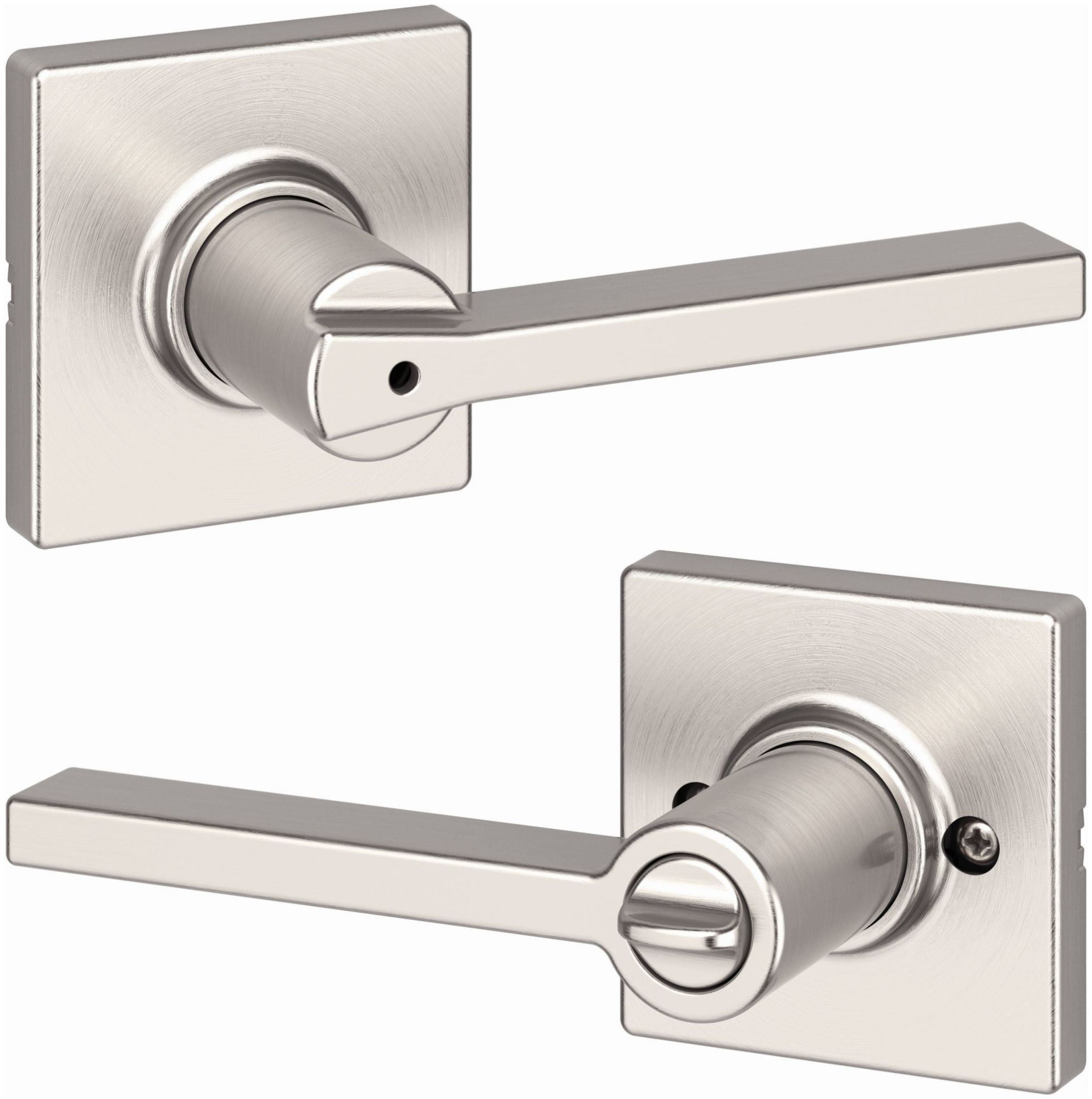 Kwikset Casey Square Bed/Bath Lever Door Handle Sets in Satin Nickel