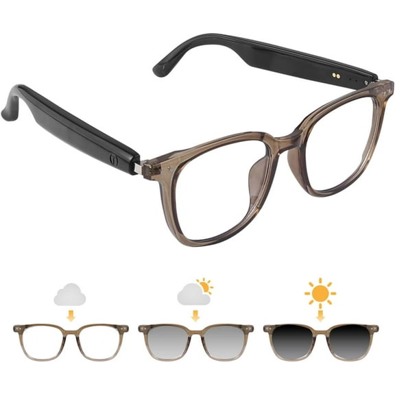 Smart Glasses for Women Men, Bluetooth Glasses with Photochromic Lenses Touch Control Voice Assistant for Clear Audio, Remote Photography, Clear Brown Frame and Black Legs, Perfect for Indoor Outdoor