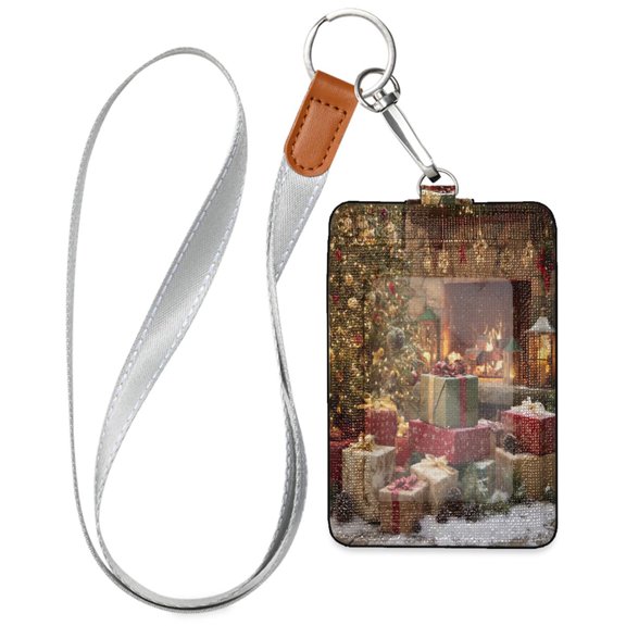PU Leather ID Badge Holder Stylish Badge Holders with Lanyard (4.3x2.8x0.3in) for Cards & Credentials Christmas Tree and Pile Of Gifts