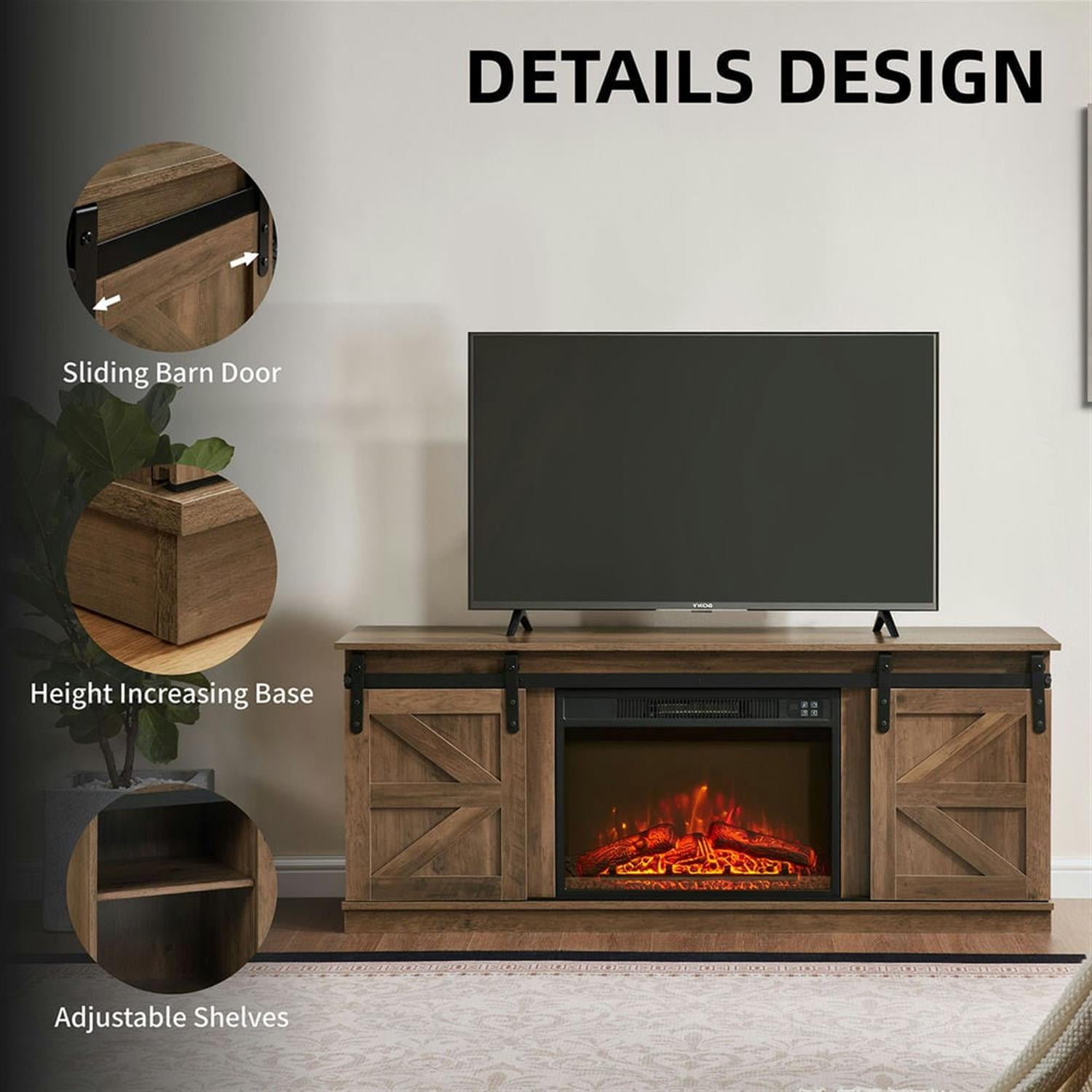 Demi Bonn Modern Fireplace TV Stand for Television up to 65" with Storage and Farmhouse Sliding Barn Doors, Entertainment Center with Cabinet and Shelves, Brown